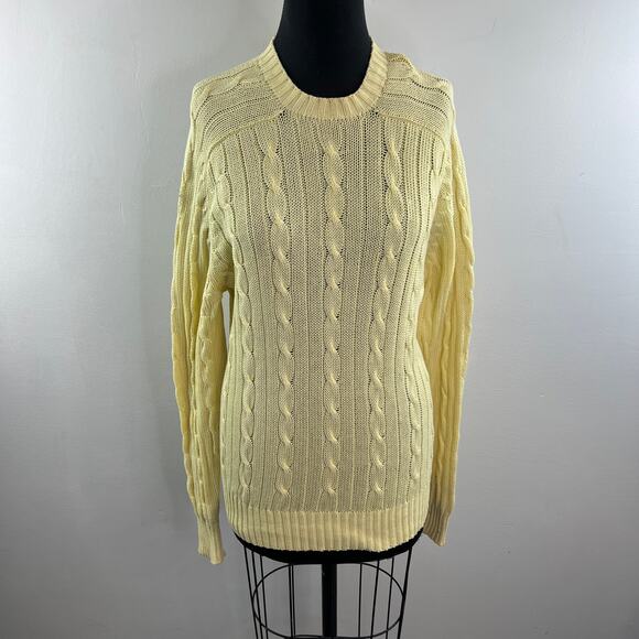 VINTAGE Alan Paine Yellow Sweater Cable Knit Crew Neck Raglan Sleeve Size Large - Picture 2 of 10
